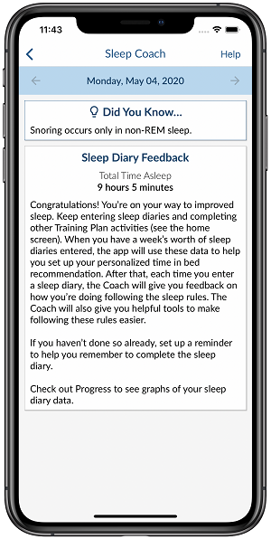 iPhone showing Sleep Diary Feedback.